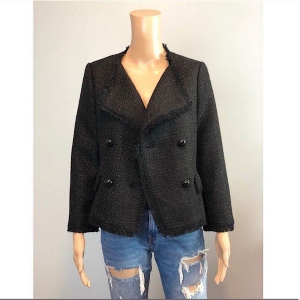 Ann Taylor Tweed Fringe Black Cascade Blazer Jacket Size 2